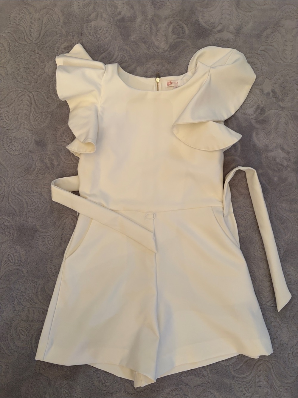 GB girls Cream Ruffle-Sleeve Romper with Waist Tie